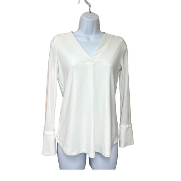 SzXXS White House Black Market White Long Sleeve Button Sleeve Top V Neck - Picture 2 of 6